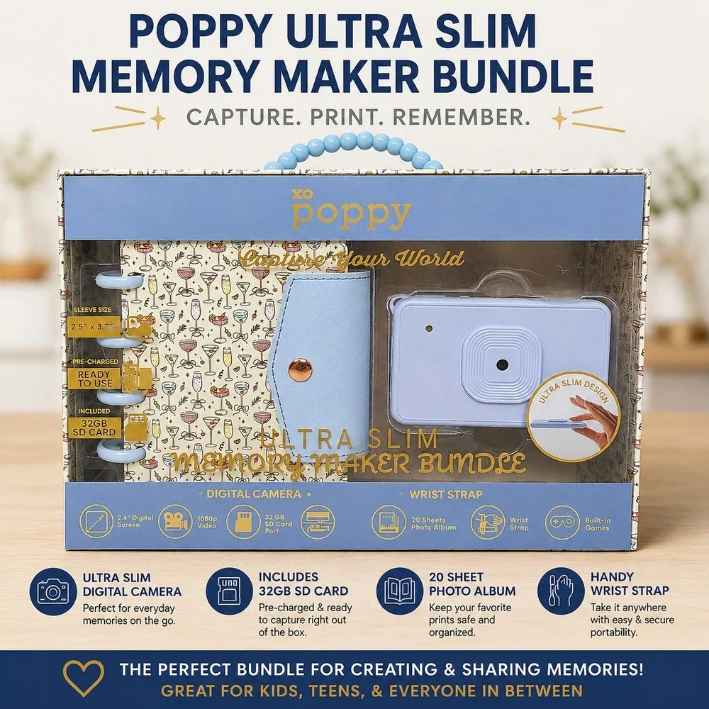 XO Poppy Ultra Slim Memory Maker Bundle Digital Camera Photo Album Blue 32GB SD